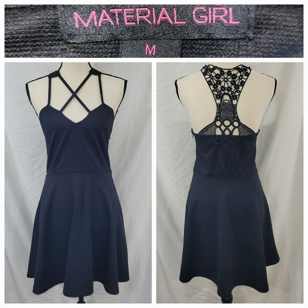 Material Girl size Medium Black Strappy Crochet Lace Fit and Flare Dress